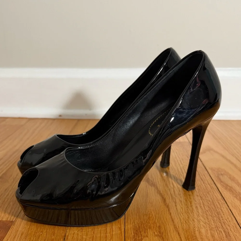 Yves Saint Laurent 7.5 Black Patent Leather Peep Toe Pumps classy, formal, YSL - Picture 7 of 13